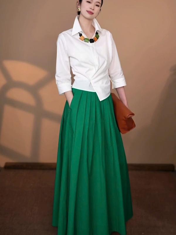  SET BỘ VÁY THIẾT KẾ ÁO SƠ MI TRẮNG LỆCH VÀ CHÂN VÁY XANH LÁ CÂY S206 