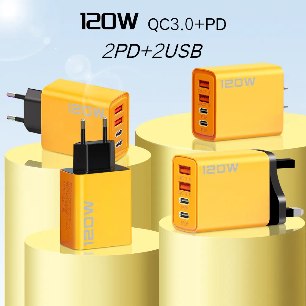 120W Multi-Ports Phone Charging Adapter Dual TYPE-C+Dual USB Fast Charging Type C Intelligent Fast Charging Head