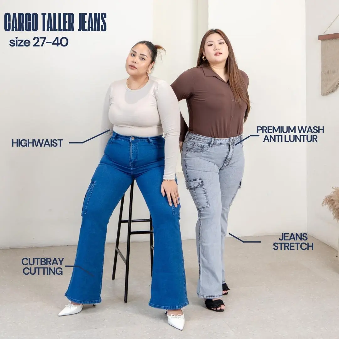 Sys Clothier Cargo Taller Jeans || Celana Jeans Wanita Ukuran Normal dan Jumbo II Cutbray -Highwaist -stertch - Premium Quality II COD Melar Panjang