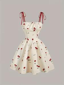 Vestido halter elegante con estampado de cerezas, bustier fruncido sin espalda adorable y detalle de lazada en el cuello, perfecto para uso casual y fiestas