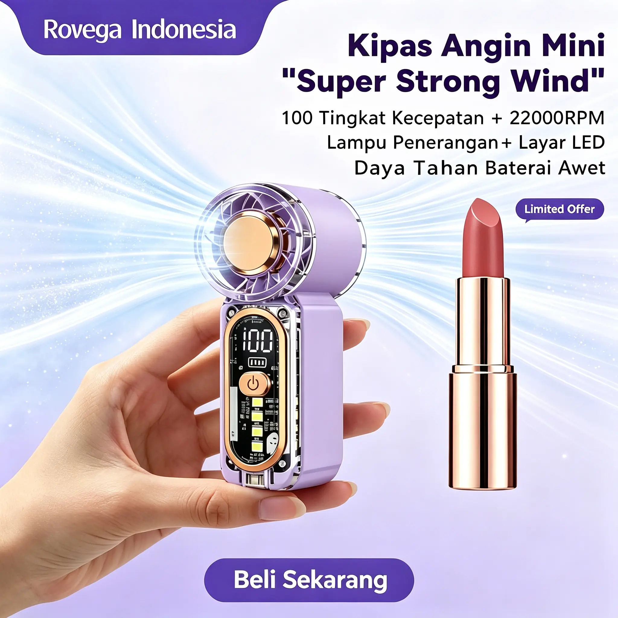 Rovega Indonesia Mini Kipas Pendinginan Cepat Kecepatan Tinggi 22000 RPM Daya Tahan Baterai Lama