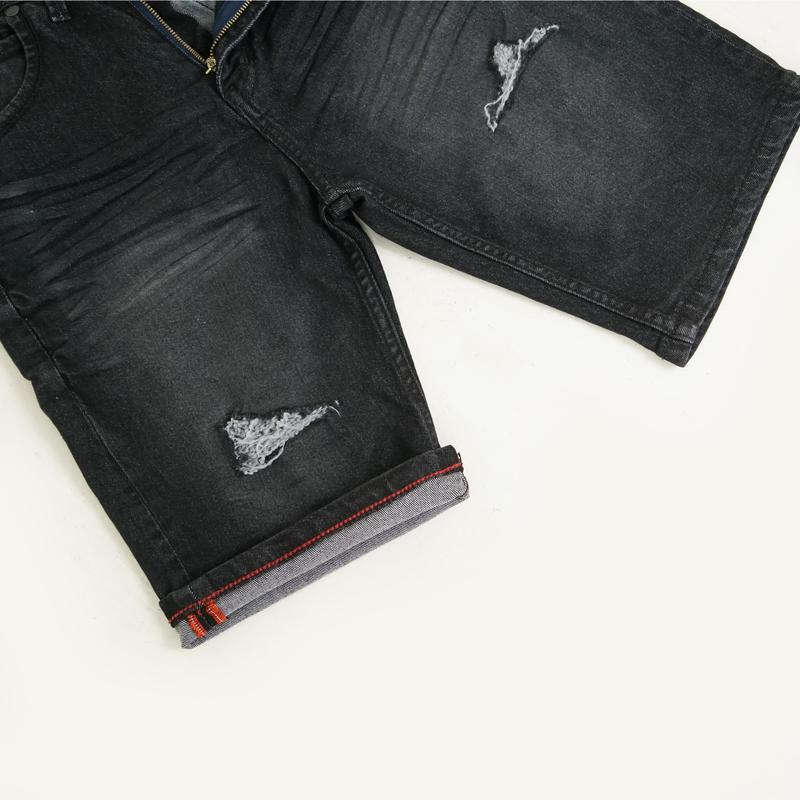 VELOCUST - Celana Pendek Jeans Pria Ripped Sobek Lapis Motif Slimfit Stretch Fleksibel Denim 13oz Black Dark Series Tebal Melar 2