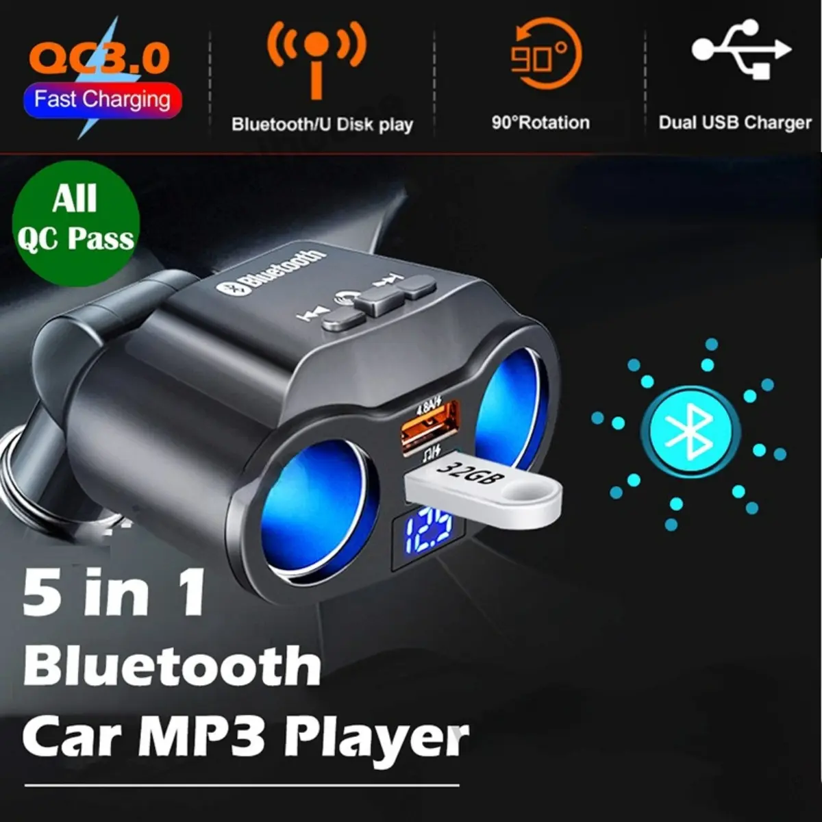 Cod-3 in 1 Bluetooth MP3 player for car, original, delivered within 24 hours, dual USB charger, 3.1A led voltage display, high power, built-in smart microphone, support for answering/closing calls