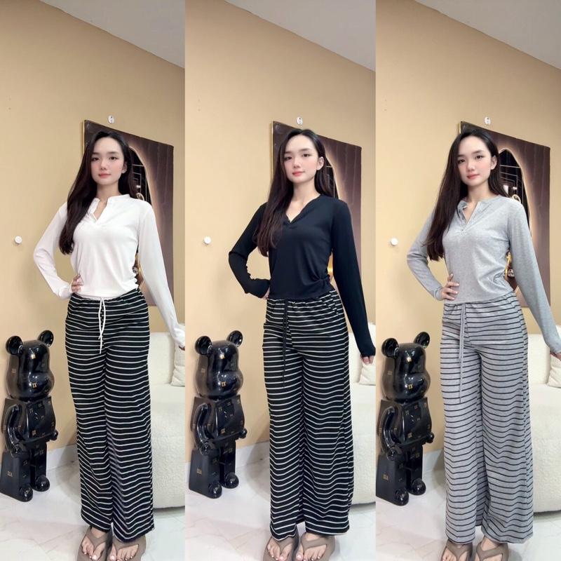  Q8 Set  quần ống xuông sọc nhỏ + áo tay dài nút  form 40-58kg mang di chơi  cà phê thoải mái 