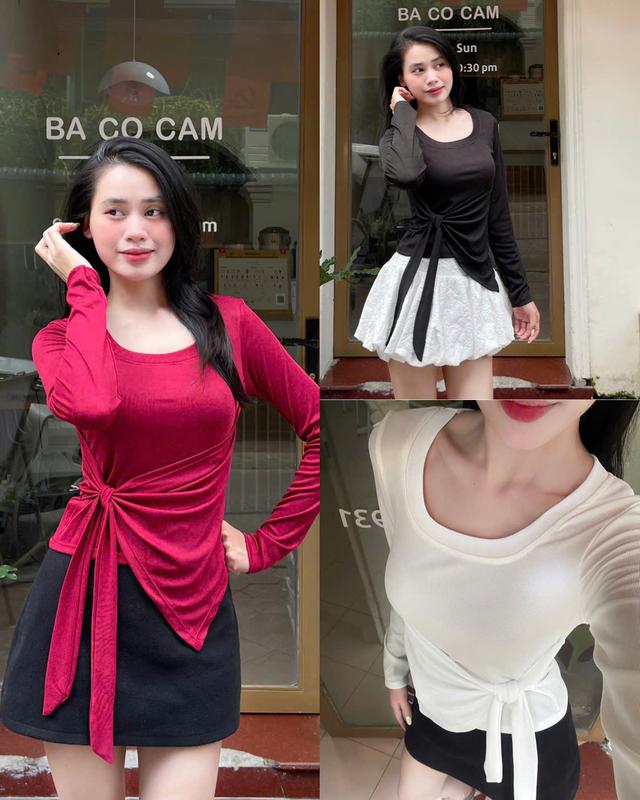 [DEAL TRẢI NGHIỆM] Áo Thun Nữ Cổ Vuông Dài Tay Giữ Nhiệt Phối Vạt Chéo Buộc Nơ Phối Dây Buộc Thắt Eo,  Chất Liệu Tăm Lạnh – By BOOM STORE VN