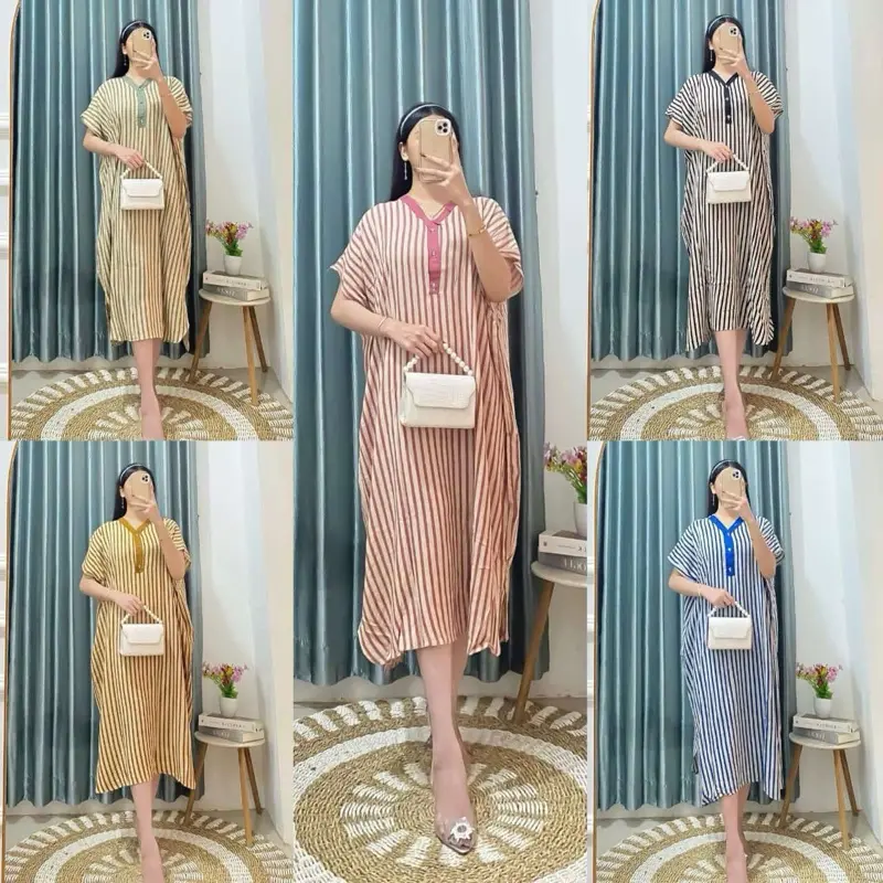 Lowo Motif Salur Busui Friendly - Tidur Nyaman Lembut - Dress, Katun, Kimono, Pendek, Dewasa, Bumil, Tipis, Rayon, Panjang hits ld dastertik tok adem remaja