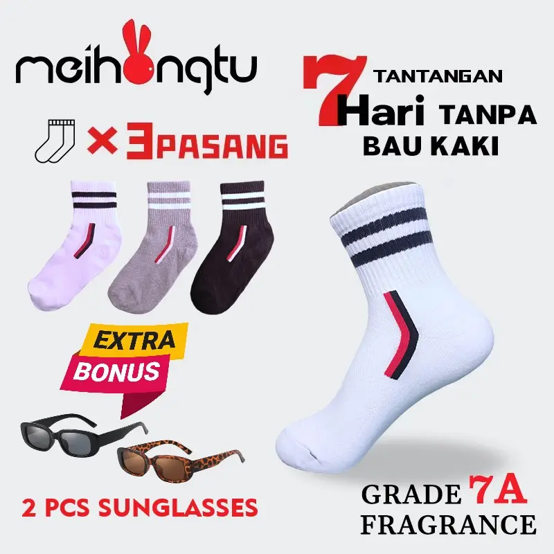 PROMO TERBATAS, MEIHONGTU KAOS KAKI WANGI - ANTI BAKTERI - ANTI BAU - MODEL CASUAL - UNTUK PRIA WANITA ALL SIZE - PAKET 3 PASANG Katun skena outfit keren random kaus kaki kaos  kaki 3⁄4 cuci kering xx putih Dewasa Semata
