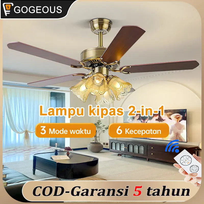 【COD】Lampu kipas angin gantung plafon ruang tamu 2in1 3 warna 6 kecepatan Gaya retro kipas lampu gantung hias 42/48 inci meja makan kamar tidur balkon lampu kipas angin remote