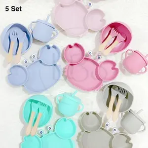 5Pcs Silicone Baby Feeding Set Perlengkapan Makan Bayi Anak-Anak Motif Kepiting | Premium Peralatan Makan Bayi Motif Kepiting | Garpu Piring Sendok alat sendok lidah cerelac silikon bpa free lateks gratis alat  makanan tempat makan bayi Perempuan