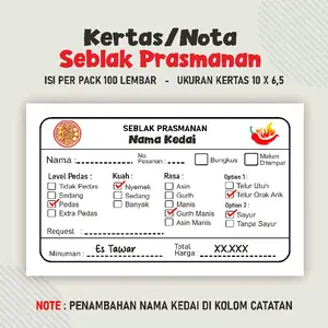 Kertas Pesanan Seblak Prasmanan isi (100 pcs) bisa Custom Nama Warung/Kedai