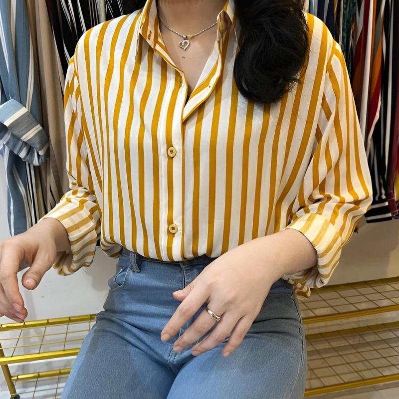 OGM - Outfit Kemeja Wanita Motif Salur Stripe Poly Rayon Nyaman Kekinian 6