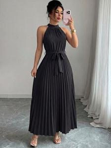 Vestido midi halter de verano para mujer, elegante, sin mangas con cuello alto, cintura anudada, plisado y con volantes, color sólido, ropa de moda femenina