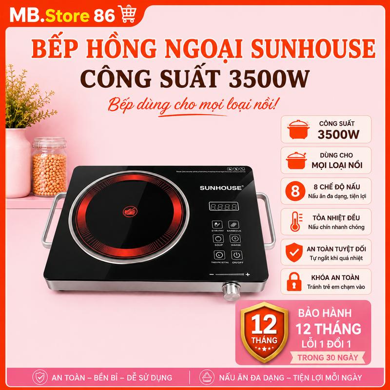 Bếp Hồng Ngoại Sunhouse - Bếp Cảm Ứng Cao Cấp, Công Suất 3500W, Kính Chịu Lực, Bếp Sử Dụng Cho Mọi Loại Nồi