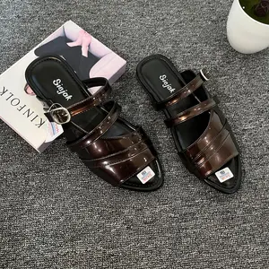 Sandal Slip On Flat Mules Wanita Terbaru Kekinian Sendal Cewek Selop Karet Shoes Hitam