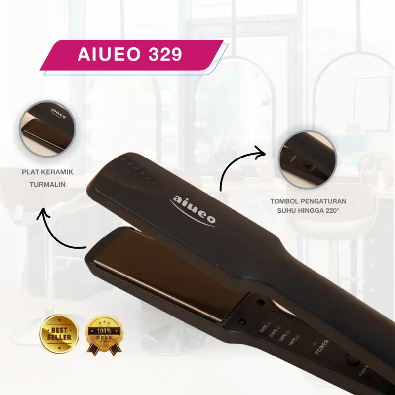AIUEO Catokan Rambut Nara 329 Catok Rambut 2 in 1 Meluruskan dan Keriting Rambut Plat Lebar Warna Hitam 3