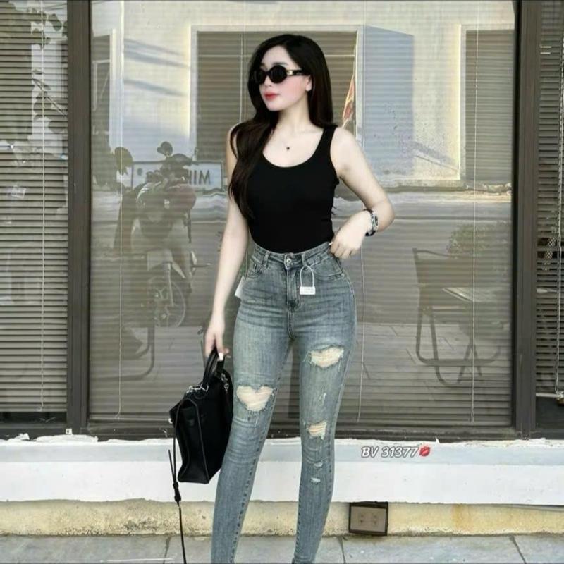  YẾN LINH SHOP BigSize  Mã D016  :45-72kg Quần Jeans Nữ Ôm Lưng Cao 1 Nút Màu Dơ Bụi Rách Sợi Co Giãn Mềm Mịn Size 27-32 Siêu Hắc Dáng Basic Sang Chảnh 