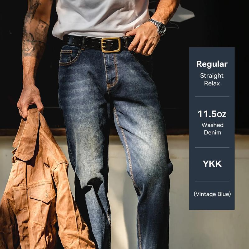 Quần Jean Denim Đã Giặt, MADEN, Vừa Vặn Thông Thường, Màu Xanh Cổ Điển Chất Lượng, Phong Cách Thường Ngày Thích Hợp Đi Làm, Quần Dài Bootcut, Dành Cho Nam Giới, Thương Hiệu Thiết Kế, [Thanh Toán Khi Nhận Hàng], 11,5oz