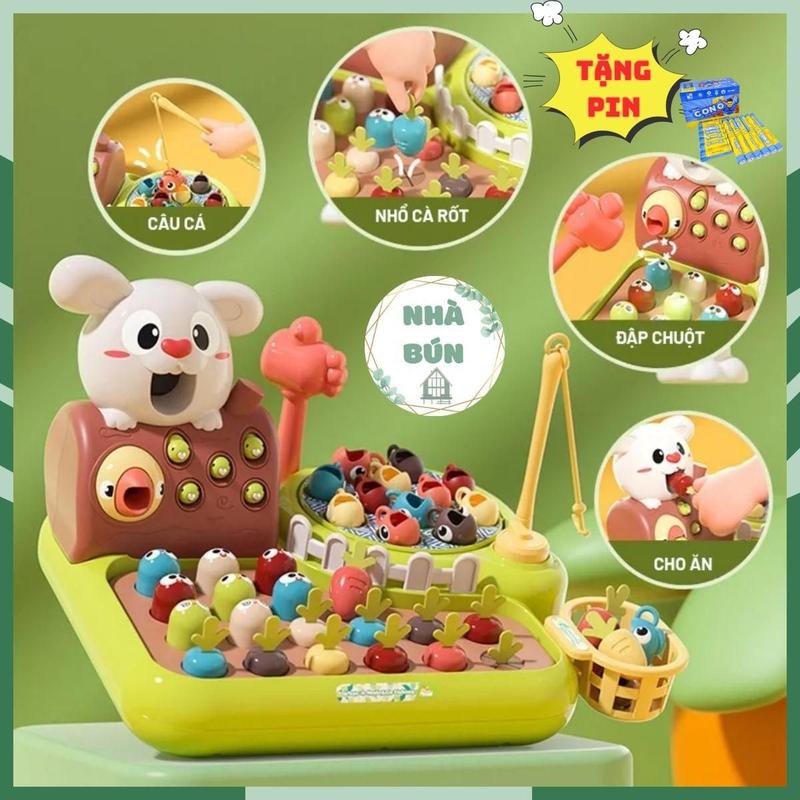 Đồ Chơi Nông Trại Vui Vẻ Đa Chức Năng Tích Hợp 4 Trong 1 Có Âm Nhạc Gồm Trò Chơi Câu Cá, Chim Sâu Tha Mồi, Đập Chuột, Thỏ Nhổ Cà Rốt Vui Nhộn Cho Bé Tặng Kèm 3V Pin Lớn A25