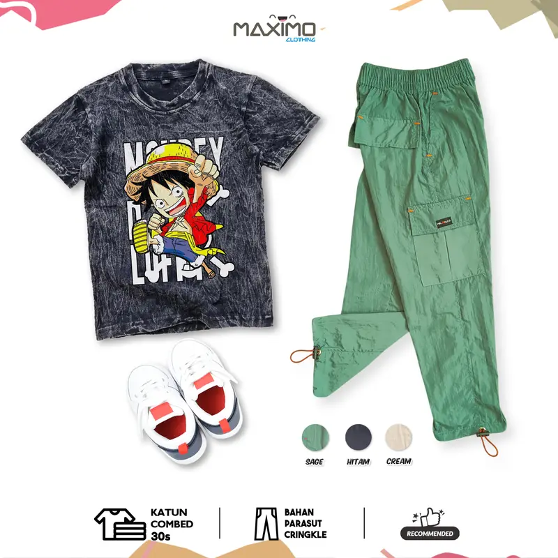 Setelan baju anak anak laki laki - Chibi Luffy One Piece Wash dan Celana Kargo Parasut Panjang 3 warna - untuk Usia 4 Hingga 12 Tahun - Fashion Anak 3
