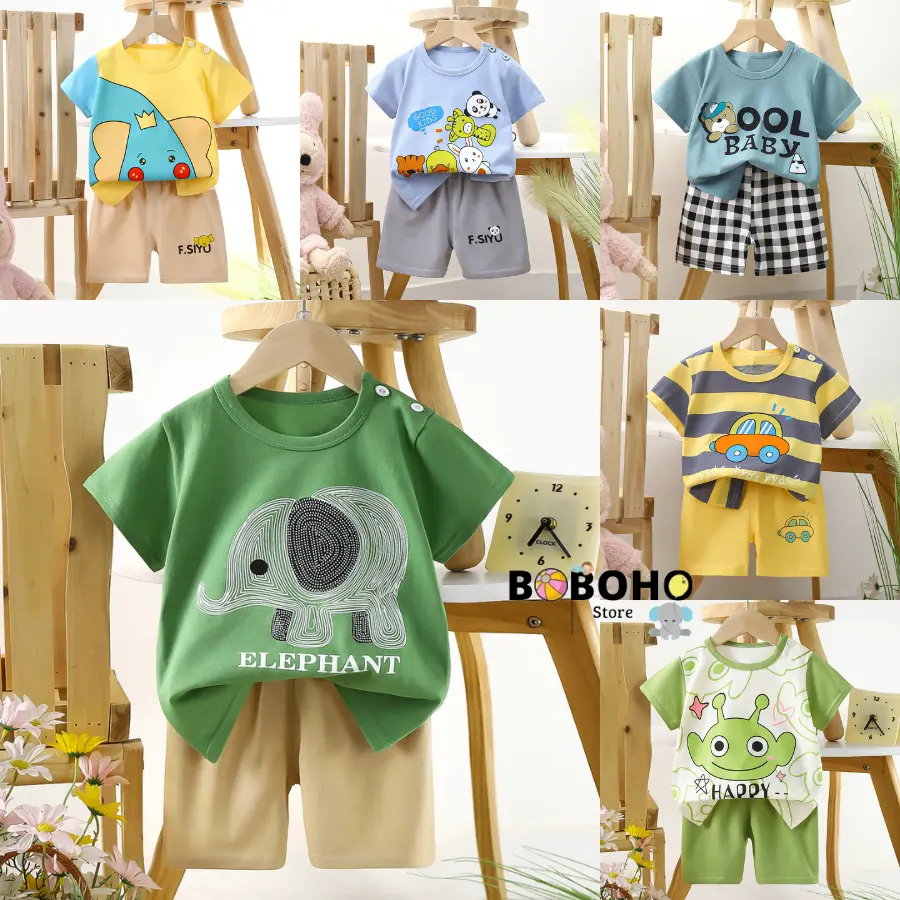 BOBOHO - Setelan Baju Bayi  / Baju Katun Anak Laki-laki / Setelan Kaos Anak / Baju Bayi Lengan Pendek PART 4 Anak-Anak Fashion