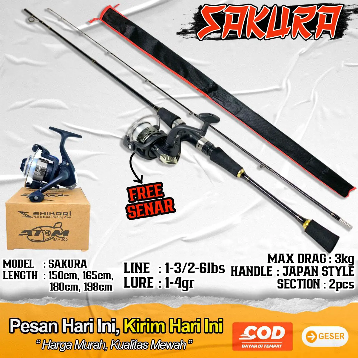 Sepaket Joran UL Sakura Fiber Solid + Reel Spool Atom/Audrey