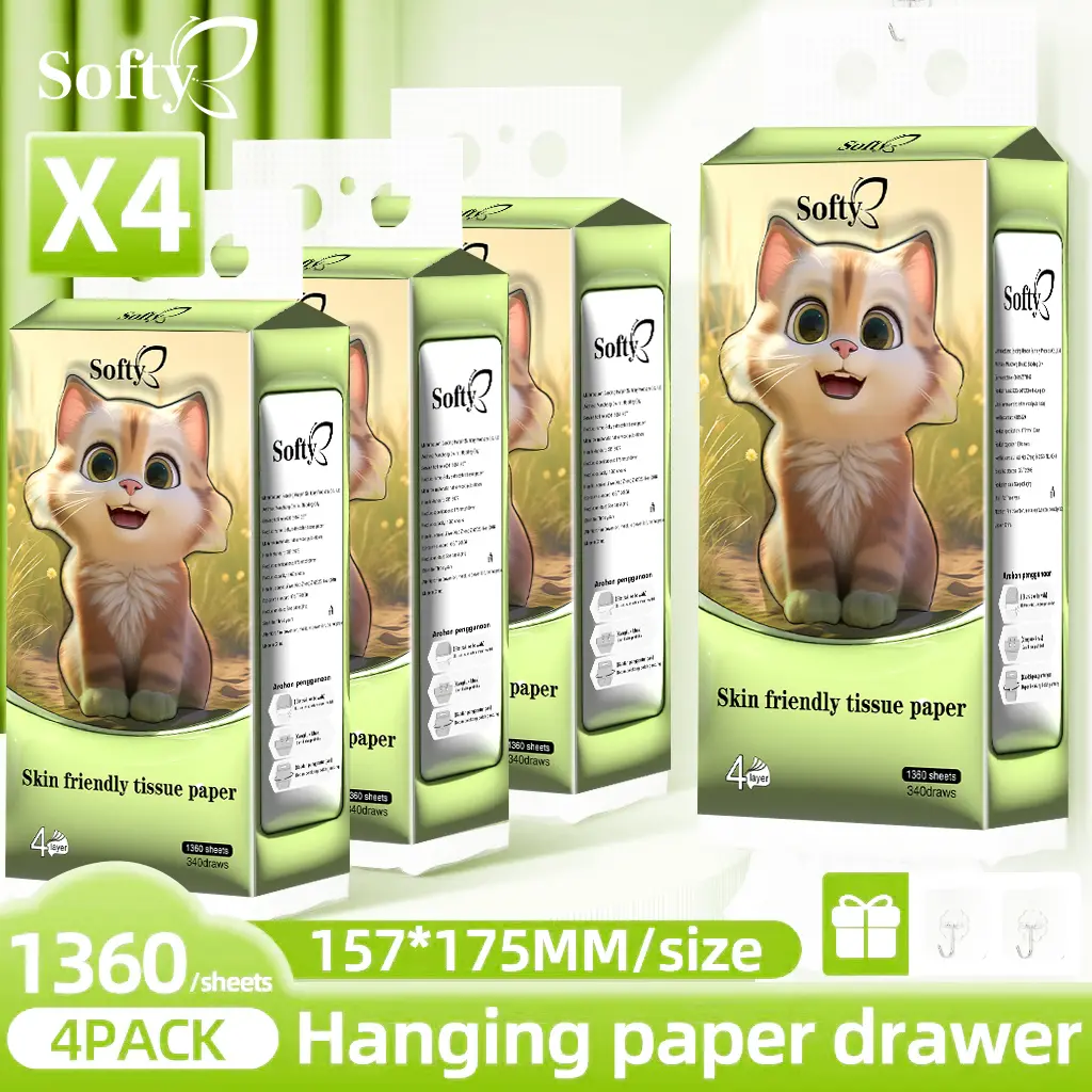 【4Packs】Softy AIR-cushion Tisu Gantung 4 Lapisan 1360 Helai Tisu Air Cushion Tebal Free 2 Hook 157*175mm Tisu