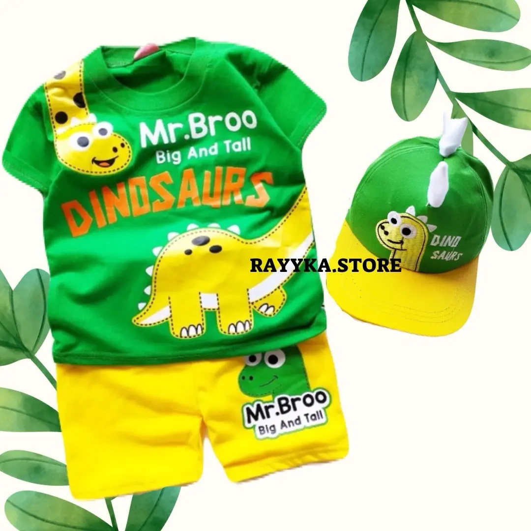 BAJU DINO ANAK SETELAN DINOSAURS ANAK LAKI LAKI ADA TOPI UNTUK UMUR 1-10 TAHUN Laki-Laki Katun Parsel Bayi