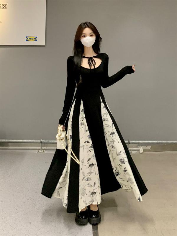 Váy Dài Tay Cổ Điển Trung Quốc, Thiết Kế Rỗng Đẹp Mới, Khâu Hoa, Váy Chữ A Giảm Béo Tuyệt Vời Nữ Khuy Dress Voan Đen Voi Women 3