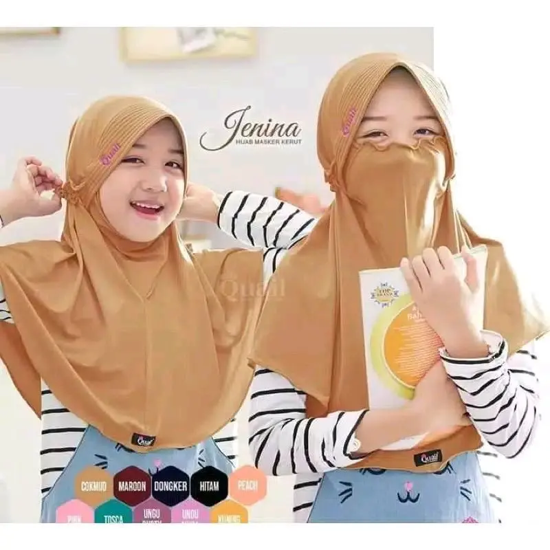 Jilbab Masker Anak Kerudung Niqab Lucu Hijab Cantik Muslim Instan Wanita Serut Syari Size 3-7 Tahun Jersey Nyaman Bergo