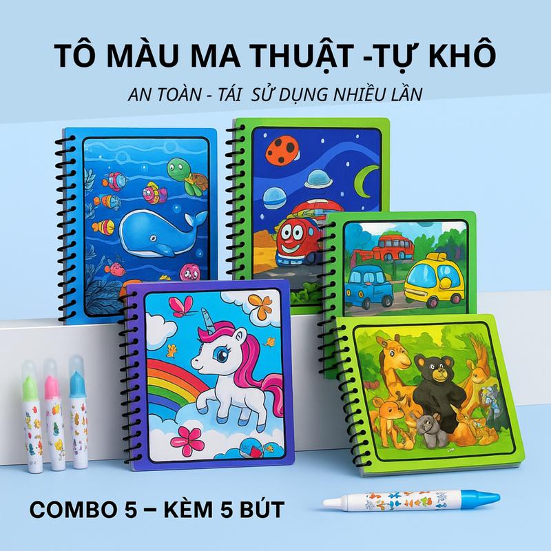  Combo 5 Tranh Tô Màu Nước Ma Thuật – Tự Khô – Tái Dùng – Kèm 5 Bút Cho Bé Trai Bé Gái 