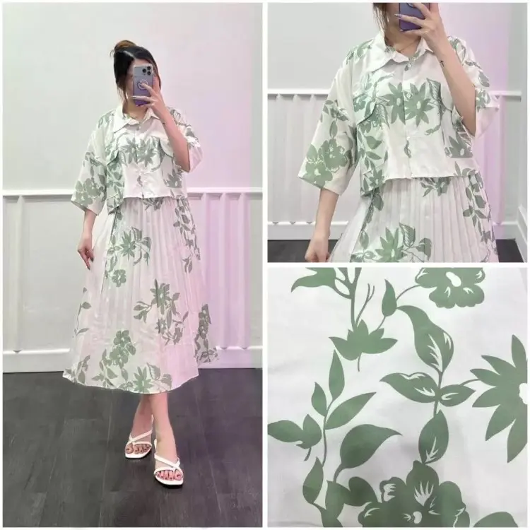 One Set Fuji / One Set Clara Kemeja Crop & Rok Midi Plisket Atasan Bawahan Motif Wanita 4