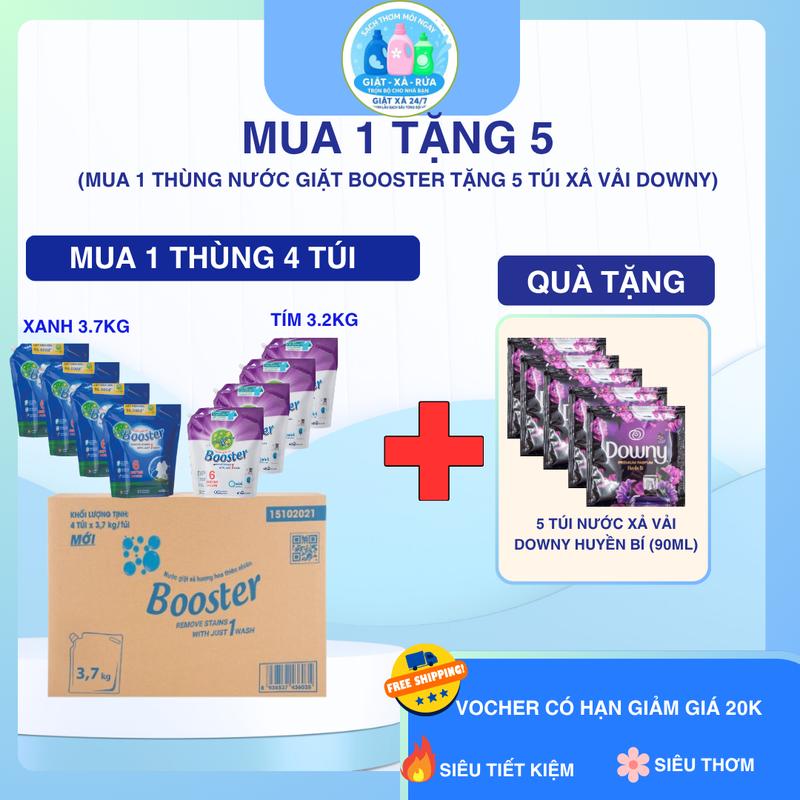 Booster Combo 4 Túi 1 Thùng Nước Giặt Xả 3.2KG-3.7KG 2in1 Tặng 90ml Xả Vải Hương Hoa & Hương Nắng Mai Hàng Chính Hãng