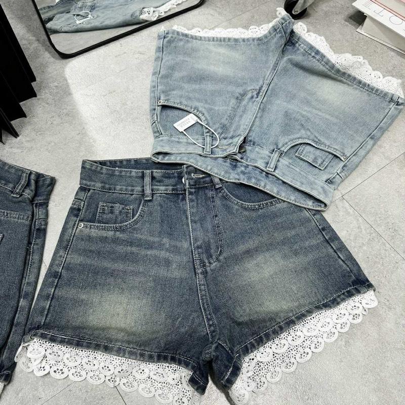   MINA JEANS  Quần Sọt Jean Phối Ren Bản To Vải Jean Mềm Mịn 
