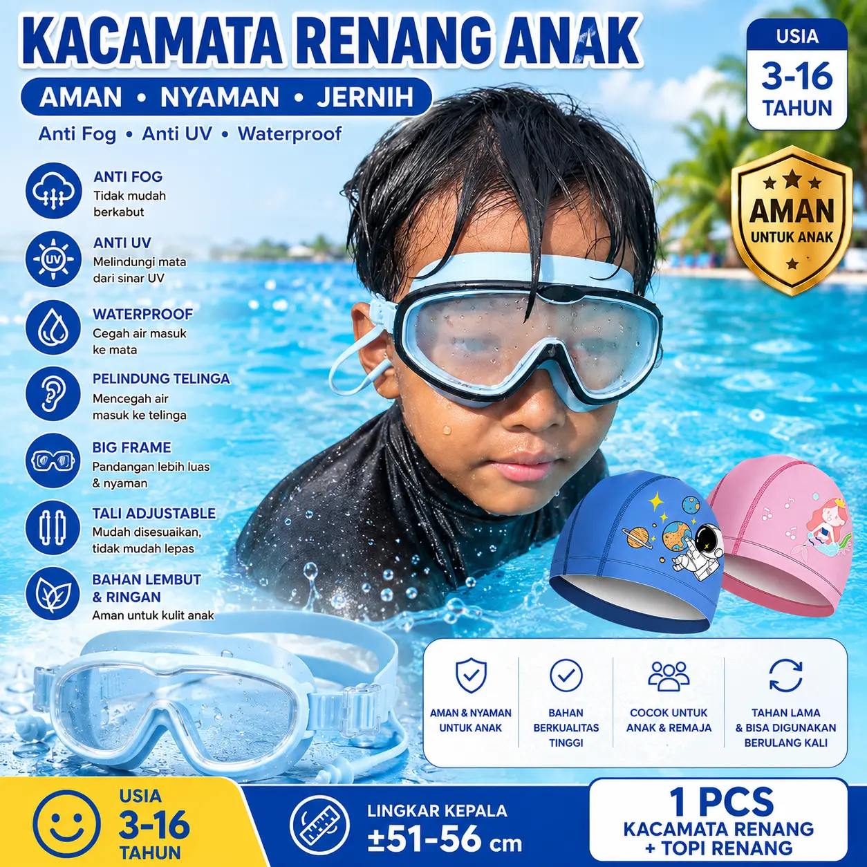 Kacamata Renang Anak Set Topi Renang Anak Karakter Lucu Anti Fog UV Waterproof 3-12 Tahun Air