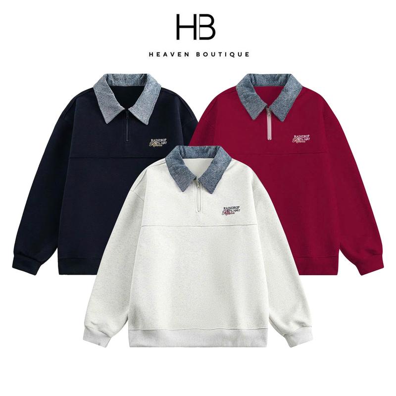 NEW 2025 Áo Sweater Cổ Polo Nam Nữ Local Brand HEAVEN Chất Liệu Nỉ 2 Da Phối Jean Dày Dặn Không Nhăn Xù màu nho áo lớp