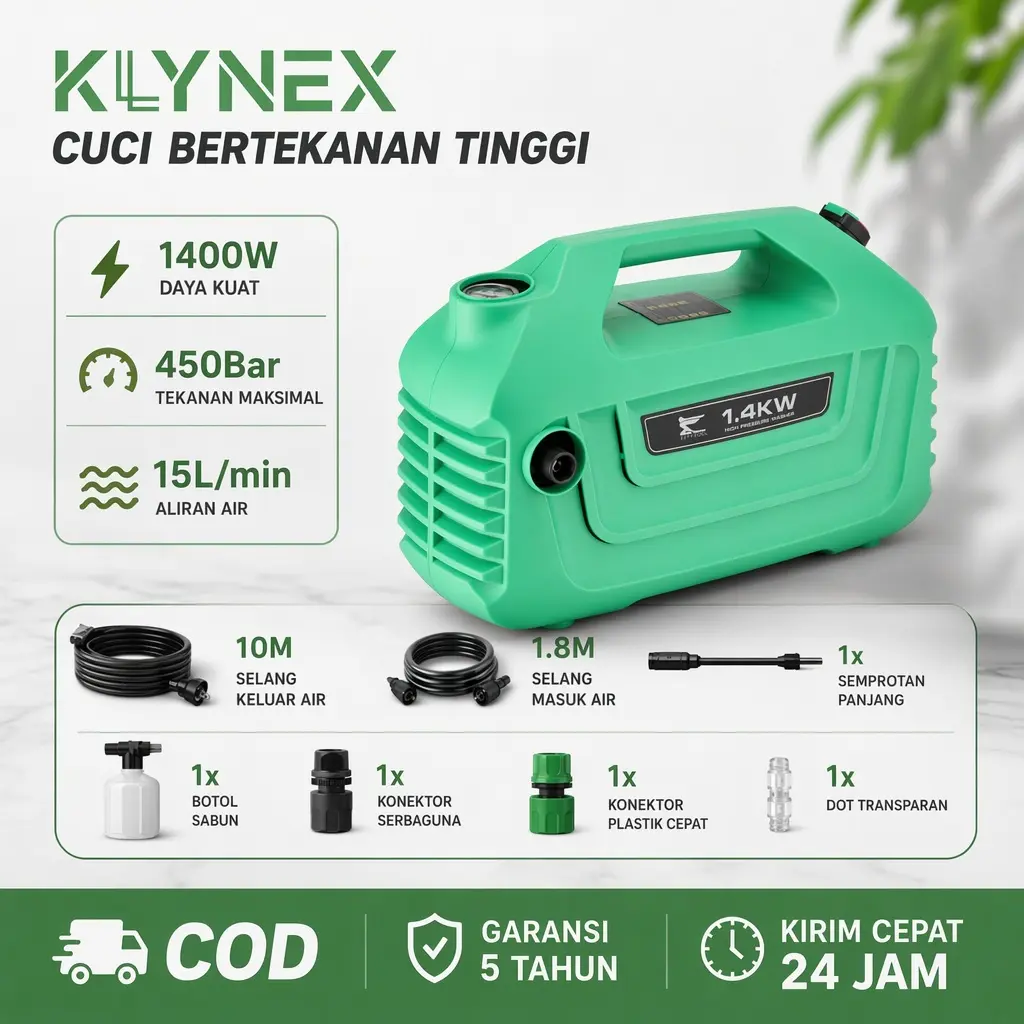 KLYNEX 1400W 450Bar High Pressure Jet Cleaner Mesin Cuci Mobil Mesin Cuci Tekanan Tinggi (High Pressure Washer) bertenaga besar, dorongan kuat, cocok untuk membersihkan mobil dan halaman, bisa digunakan untuk rumah tangga maupun komersial