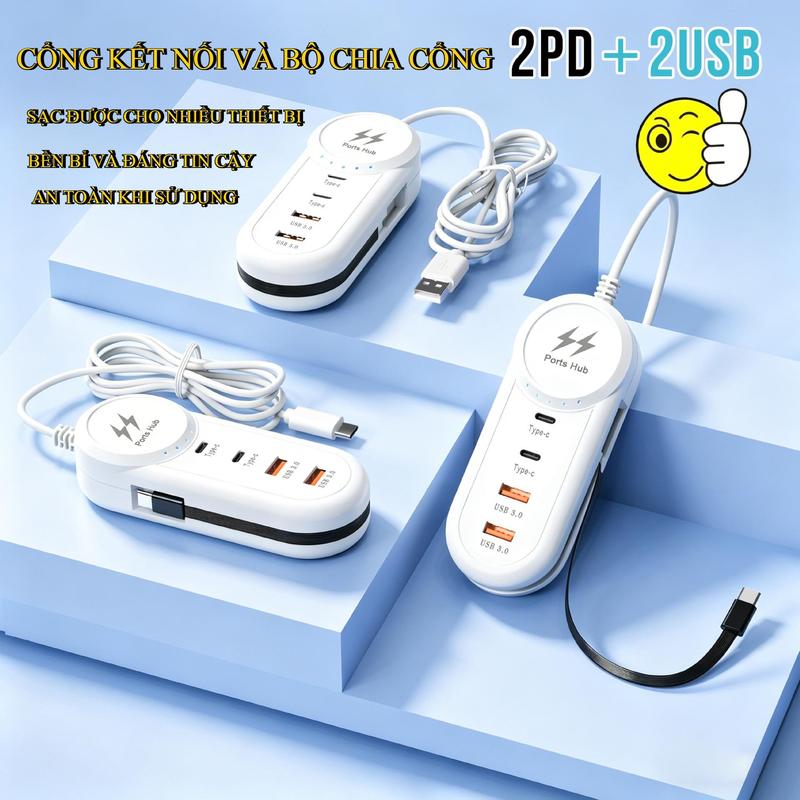 Nhiều cổng mở rộng Có thể sạc điện thoại di động,Có thể sử dụng máy tính USB bên ngoài Bộ nhớ Truyền tệp dữ liệu Cắm, Cắm Dual PD Dual USB với Type-C cáp