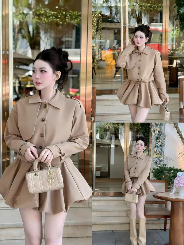 Đầm nữ kaki cổ bẻ cài khuy có dây rút eo tạo bồng chân váy bí chất kaki 2 lớp phong cách sang chảnh HANHAN V302