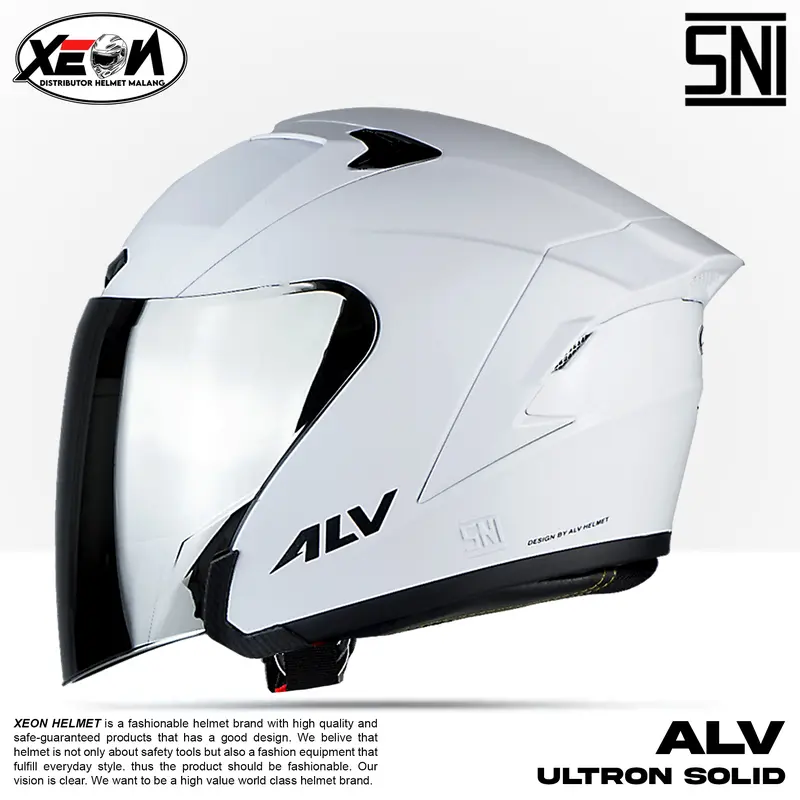 Helm Half Face ALV Ultron Solid Putih dengan Visor Flat Silver/Clear SNI Motorcycle 0