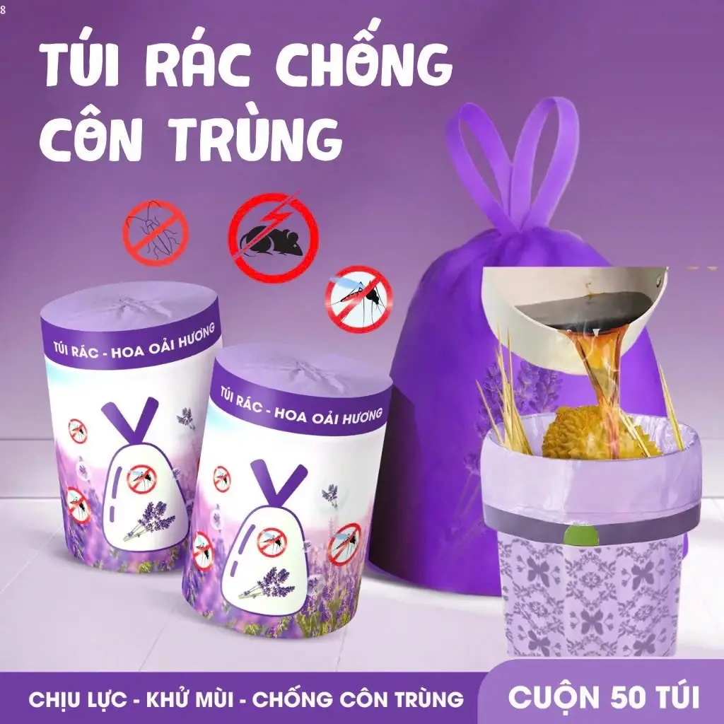 Túi Đựng Rác Hương Lavender, Túi Rác Xua Đuổi Ruồi Muỗi, Có Dây Rút, Cuộn 50 tú, 45x50cm - 1