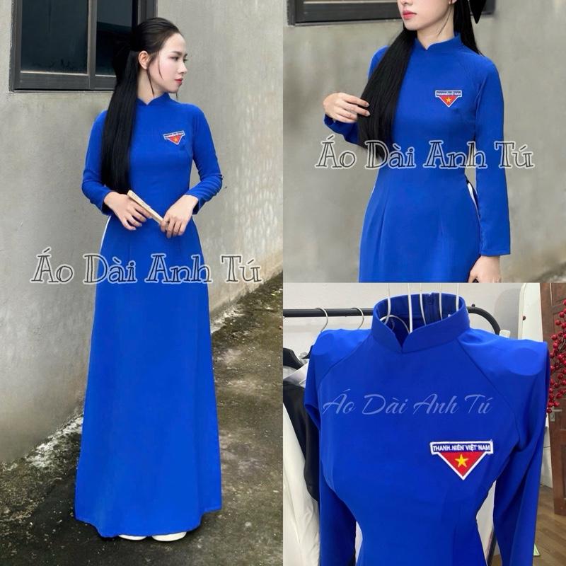 Áo Dài Đoàn Viên Thanh Niên Việt Nam , Áo Dài Truyền Thống Chất Lụa Mỹ Máu Xanh Cô Ban - Quần Trắng ,Trẻ Trung Nămg Động Dress Nhung Voan