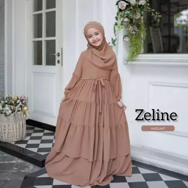 gamis anak terbaru 2025  perempuan untuk usia 11-14 tahun kids set dress plus pasmina zeline 4