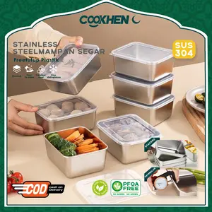 COOKHEN Wadah Makanan Stainless Steel 304 Baki Kulkas Dengan Tutup Wadah Makanan Multifungsi Microwave