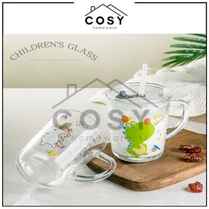 COSY Gelas Kaca Tumbler Dengan Tutup Karakter Hewan Free Sedotan  Gelas Cangkir Air Kopi Susu Teh  Gelas Minum Elegan Simple Aesthetic  Mug Cangkir Ada Gagang