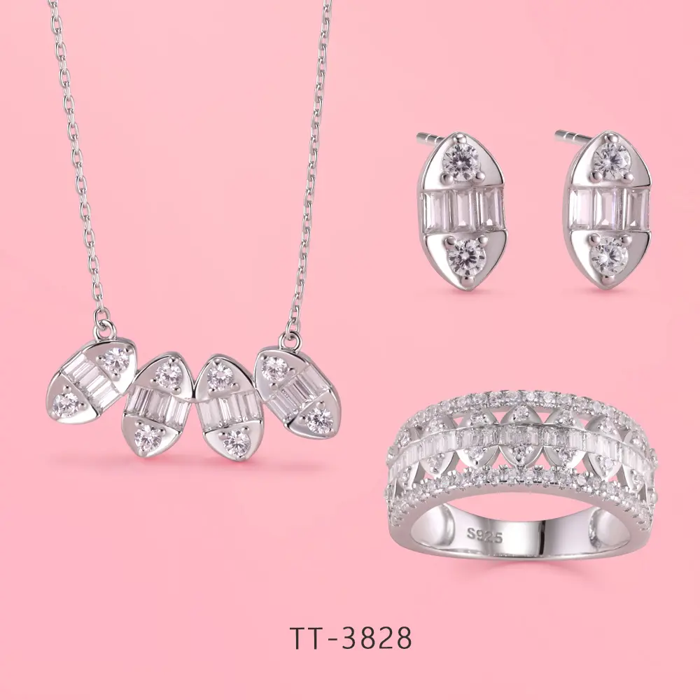 S925 Sterling silver Leaf shape fashion row drill jewelry set.