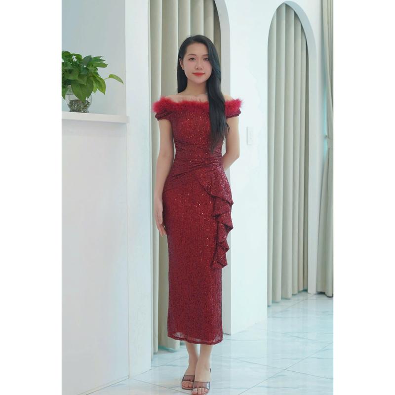  Thanh An Dress - VN136 - Đầm kim sa dự tiệc phối cổ lông nhẹ nhàng dáng đuôi cá. 