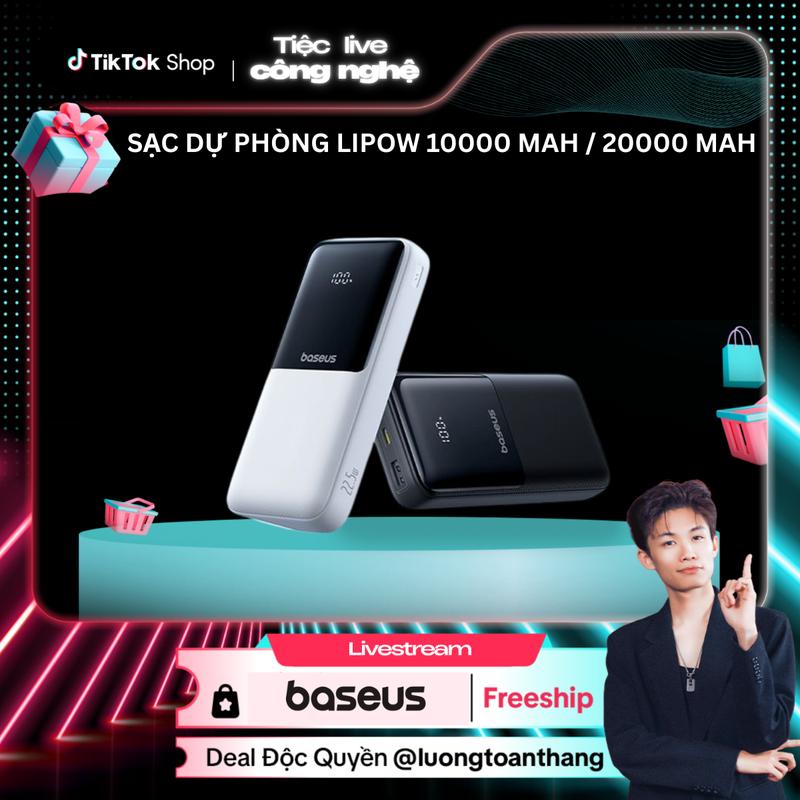 【Baseus x LuongToanThang Pin dự phòng Baseus Lipow 20000mAh/10000 mAh 22.5W 2 cổng USB-A và 1 cổng Type-C Sạc Nhanh, Sạc Pin điện thoại có màn hình Led Đèn