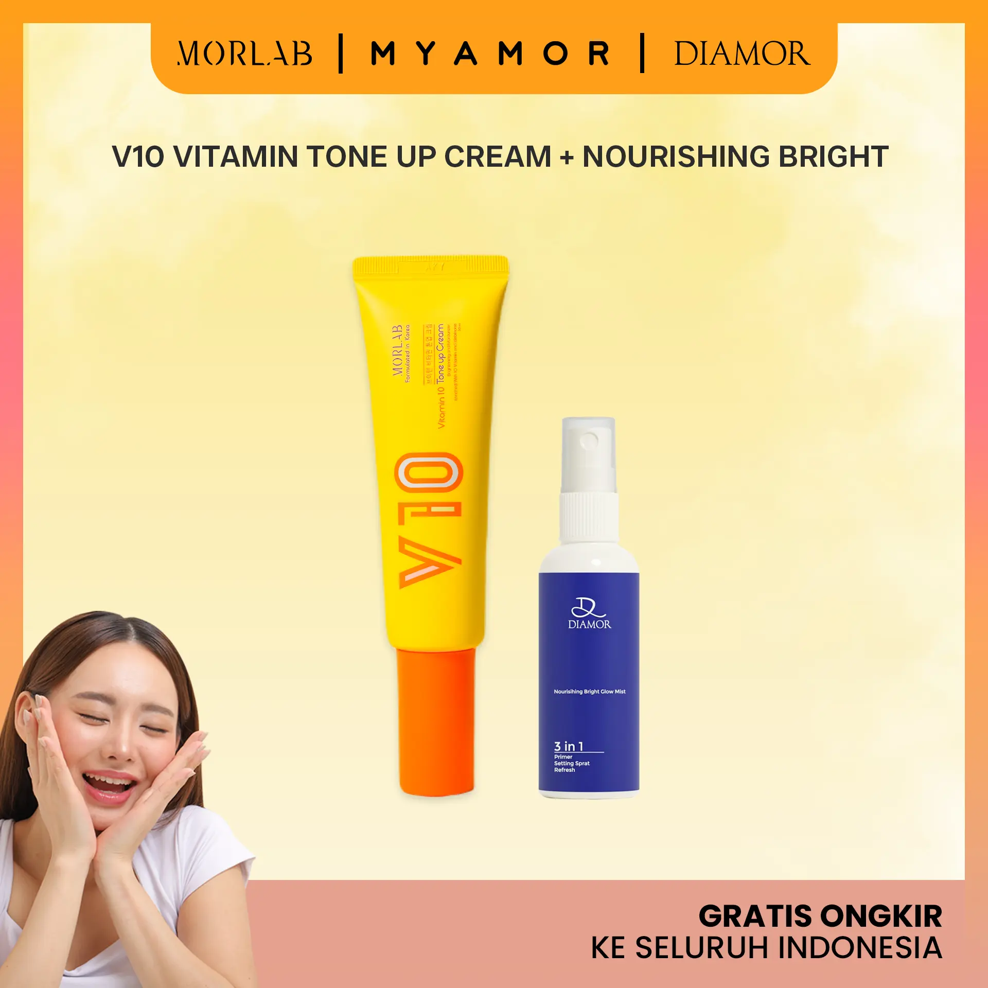 MORLAB - PAKET COMBO BRIGHT ( 1 PCS MORLAB V10 VITMANIN TONE UP CREAM + 1 PCS NOURISHING BRIGHT GLOW MIST ) BPOM