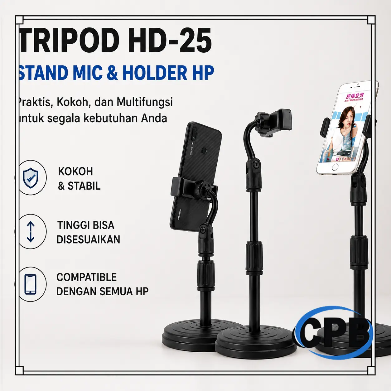 Stand HP HD25 Holder Smartphone Desktop Tripod Penyangga Handphone Microphone Universal 360 Derajat untuk Zoom Meeting Video Call Live Broadcast Streaming Vlog