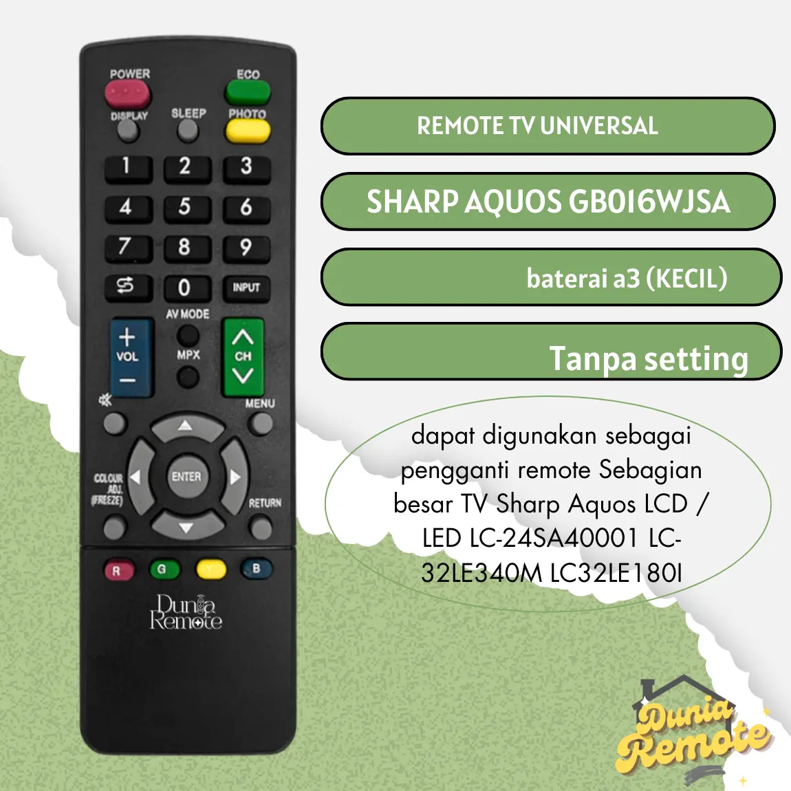Remot Remote TV COMPATIBLE UNTUK SHARP LED LCD 3D Sharp Aquos GB016WJSA tanpa setting
